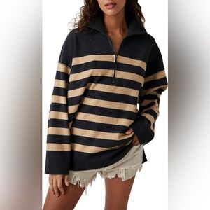 Free People Coastal Stripe Pullover in the black and tan